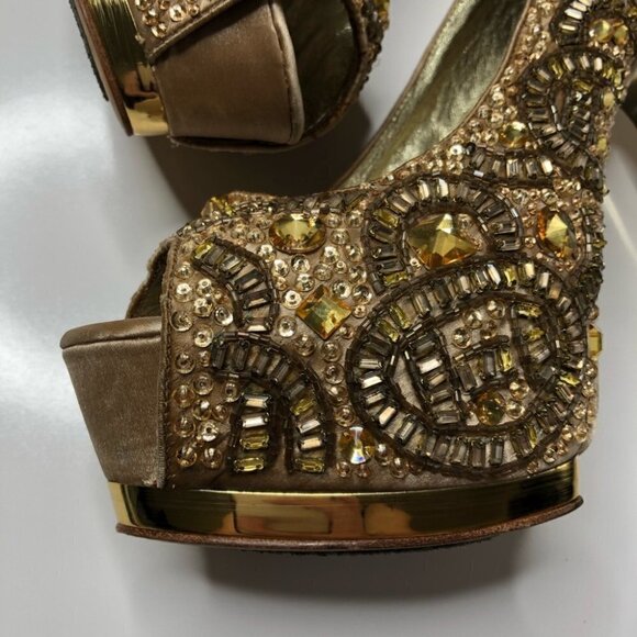 RARE ZiGiNY Black Label Romi Gold Jewel Gem Satin Sexy Peep-toe Pumps Stilettos - Picture 8 of 16